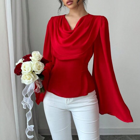 Red Elegant Women's Draped Neck Flared Sleeves Bow Tie Cuffs Blouse - Picture 1 of 6